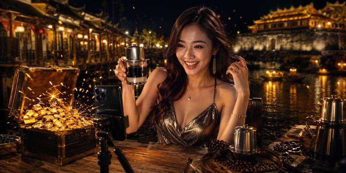 Người dùng thưởng cà phê Huế và theo dõi sự kiện cá cược trực tuyến